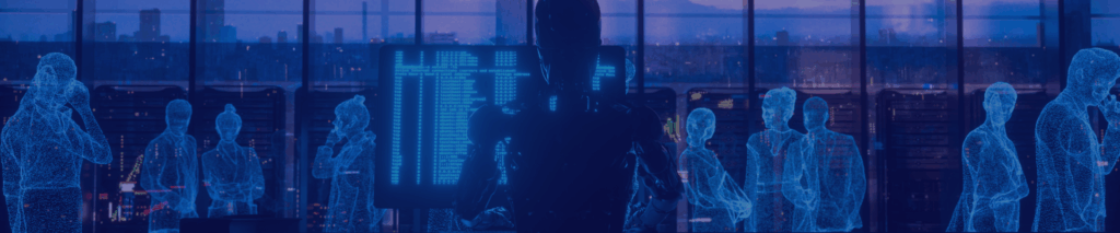 un robot travaillant sur un ordinateur avec des hologrammes d'humains autour