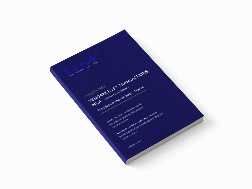 couverture de livre intitulé "Tendances et transactions M&A Secteur de l'assurance Q3 2025 EÜRUS"